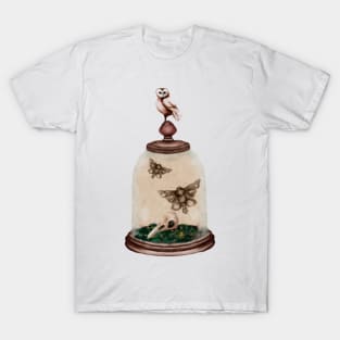 Watercolor Barn Owl Hummingbird Skull and Death Moth Dark Academia Cloche With Raven Botanical Green Moss Halloween Watercolor T-Shirt